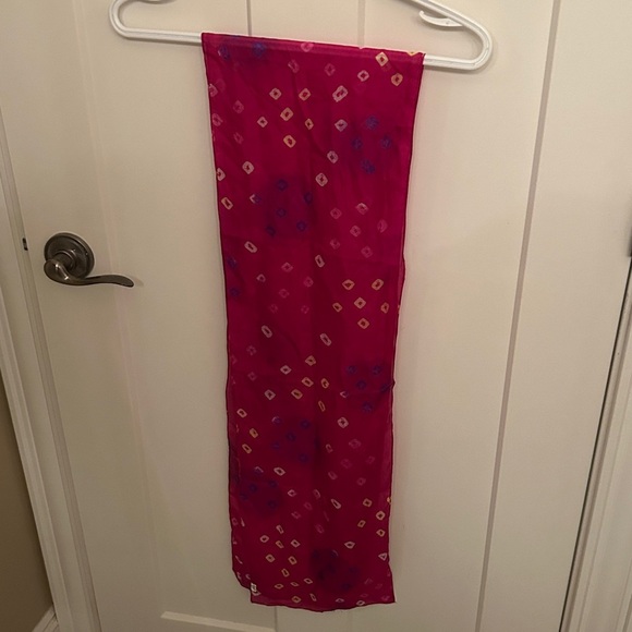 Vibrant Pink Silk Scarf with Colourful Squares, Made in India - Picture 6 of 7